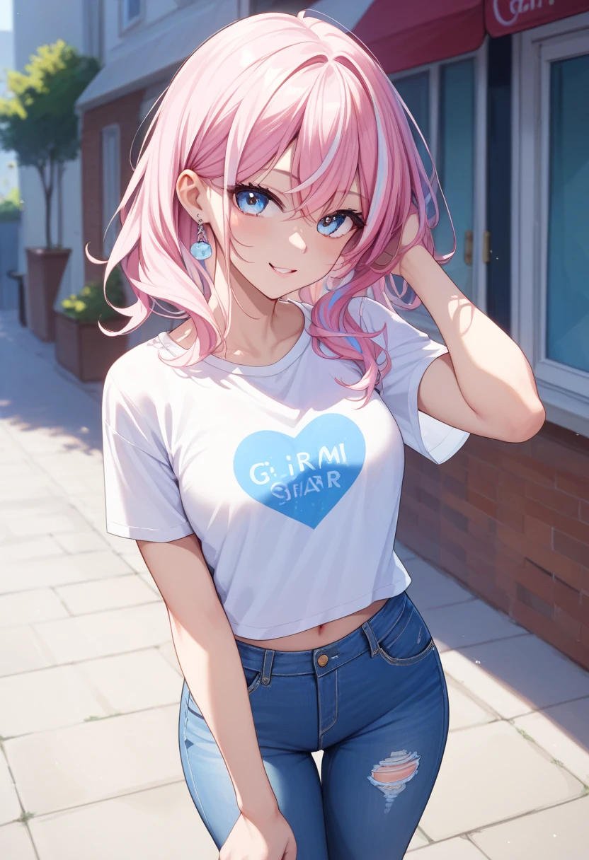 Best Quality, High Resolution, Perfect Human Structure, Iridescent Hair, Glowing Hair, Cat Ears, Floral Background, Colorful, Pastel Color, Heart-Shaped Pupils, Wavy Hair, Glowing Hair, Smiling, Garden, T-Shirt, Jeans
