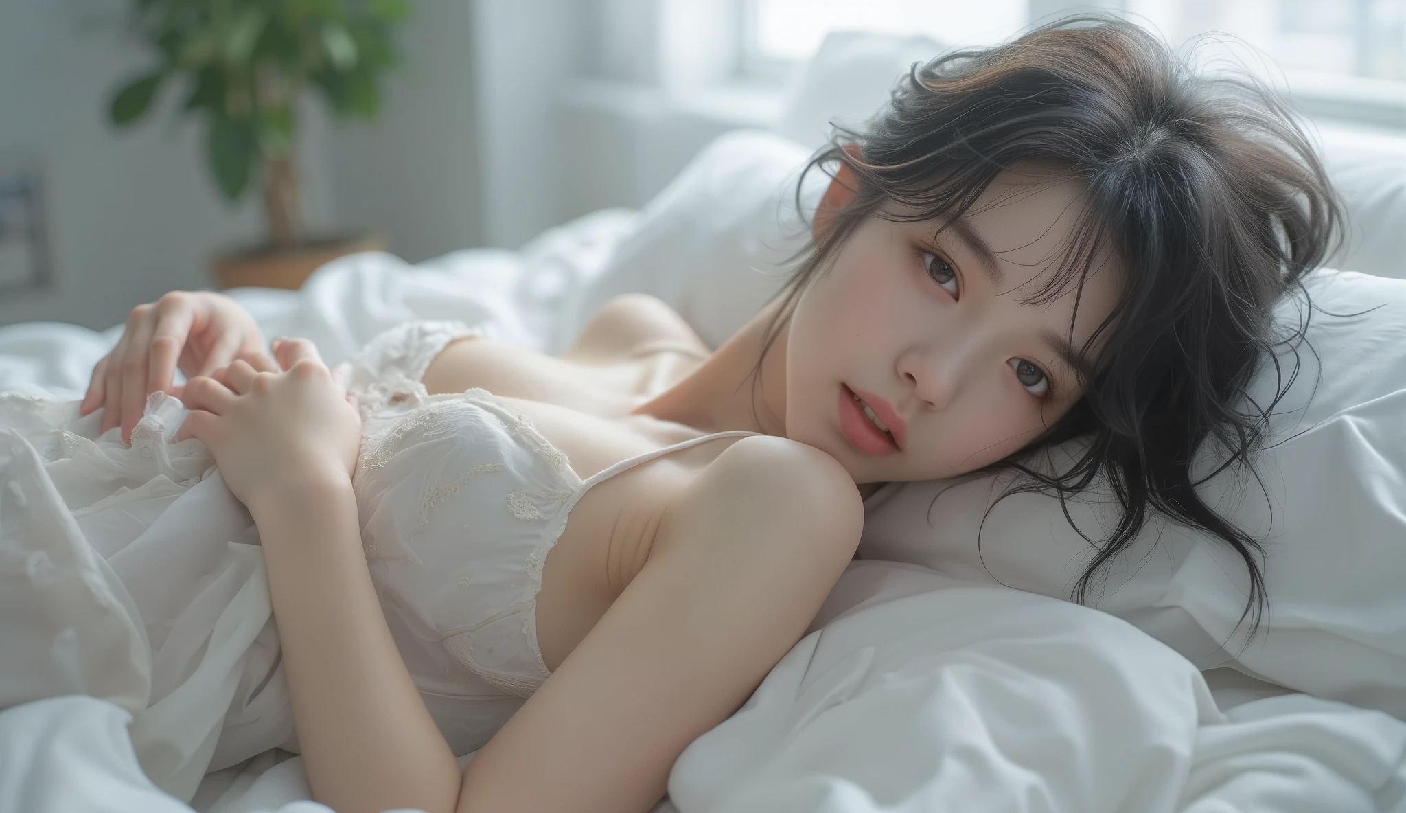Beautiful girl sleeping peacefully, Baby Face, (Highest quality:1.4), (Very detailed), (Very detailed美しい顔), (Close ~ eyes:1.5), White T-shirt, Great face and eyes, iris, Medium Hair, The Beauty of Japan, (Skinny body type:1.3), (Flat Chest:1.3), (smile), Smooth, Very detailed CG synthesis 8k wallpaper, High-resolution RAW color photos, Professional photography, Light, BackLight, dream-like, impressive, Written boundary depth, Bedroom bed, (Face close-up:1.3), (Shot from above:1.5)