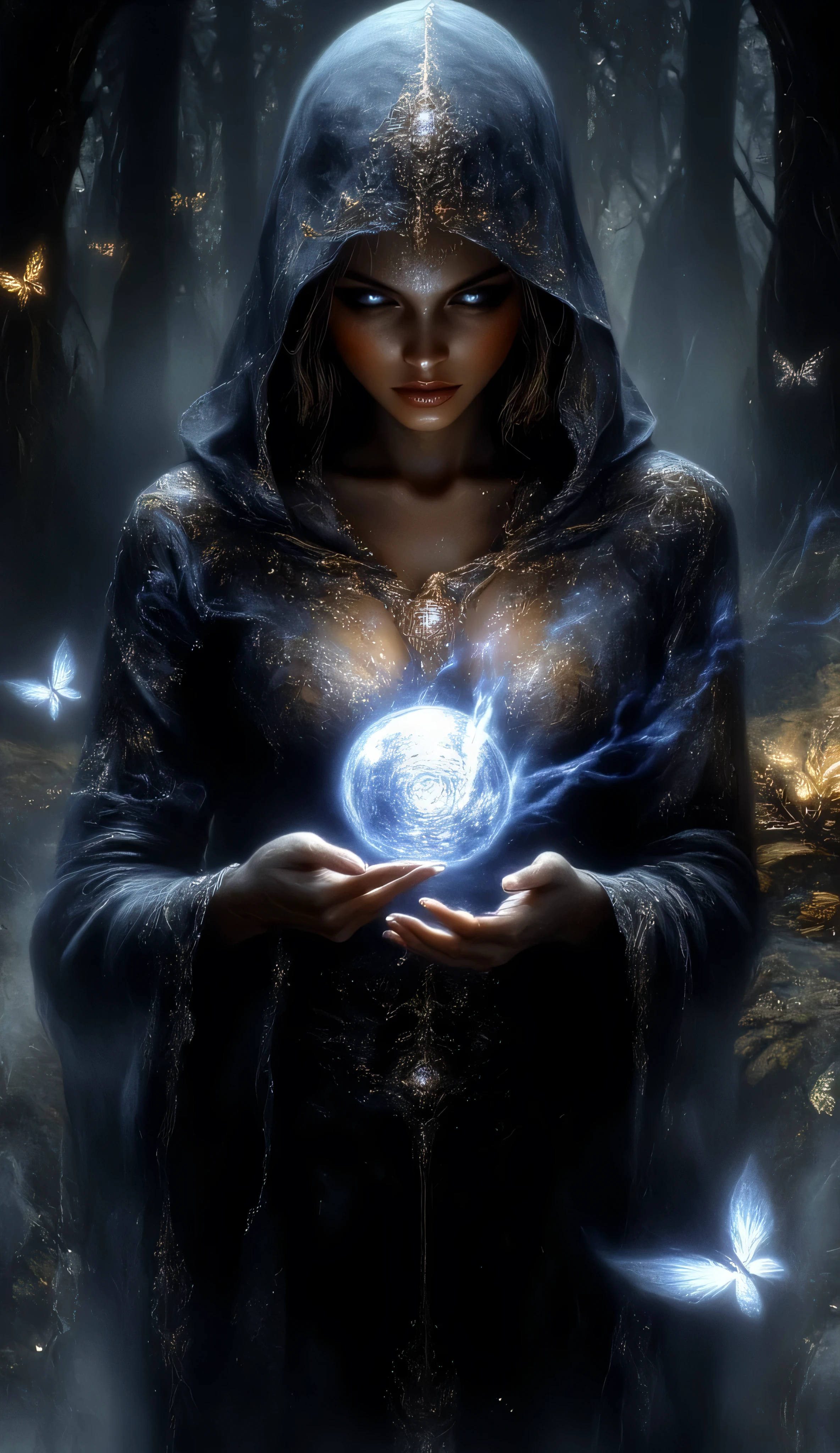Create a fantasy scene featuring young woman with short blonde-gold hair, wearing a dark hooded robe with intricate golden embroidery. She should be holding a glowing orb with a mystical symbol in the center. Surround her with a dark, enchanted forest with tall trees and glowing butterflies. Use a soft blue light to illuminate the scene, creating a magical and serene atmosphere