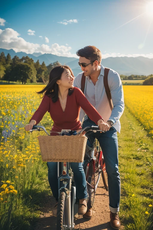 Um casal seguindo pedalando bicicleta em lindo bosque com muitas plantas, flores e verde, cada um na sua bicicleta, ambos felizes e apaixonados, best quality,master part,Ultra high resolution,(Realismo:1.4),foto original,Cinematic lighting,
sorrir,
