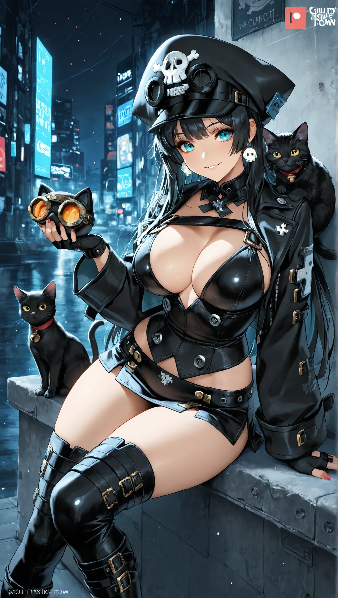 ((alone)) ((works of art)) ((high quality)) ((perfect face)) ((Super big breasts)) ((wide hips)) ((thick waist)) ((beautiful)) ((black hair)) ((long hair)) ((pale skin)) ((button nose)) ((green eyes)) ((Gothic superhero armor in black with dark red details, Pleated skirt and thigh-high boots)) ((She has a sword in her right hand, The sword has a chain attached to the handle)) ((She is holding a cube in her left hand, Mysterious metallic black cube with shiny blue accents )) ((She's on top of a building in a lifeless city, Just plants growing on destroyed buildings, Background smoke and fog))、camel toe、huge tit、Nipple Puffs、cleavage、Plump、Super big breasts、super big butt、cut、Big Sister Sword Fighting、Super busty and huge ass swordsman