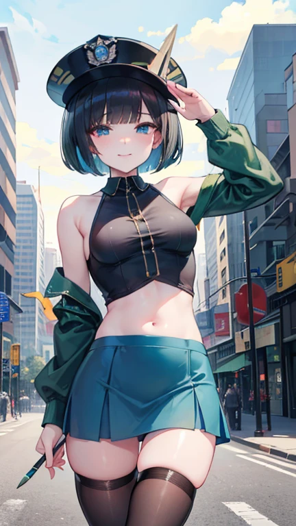 (masterpiece, best quality, detailed), 1girl, solo, cowboy shot, tatsumaki, outdoors, rooftop, day, cityscape, blue sky, cloud, scenery, railing, closed mouth,
turtleneck sweater, earrings, midriff, groin, skirt