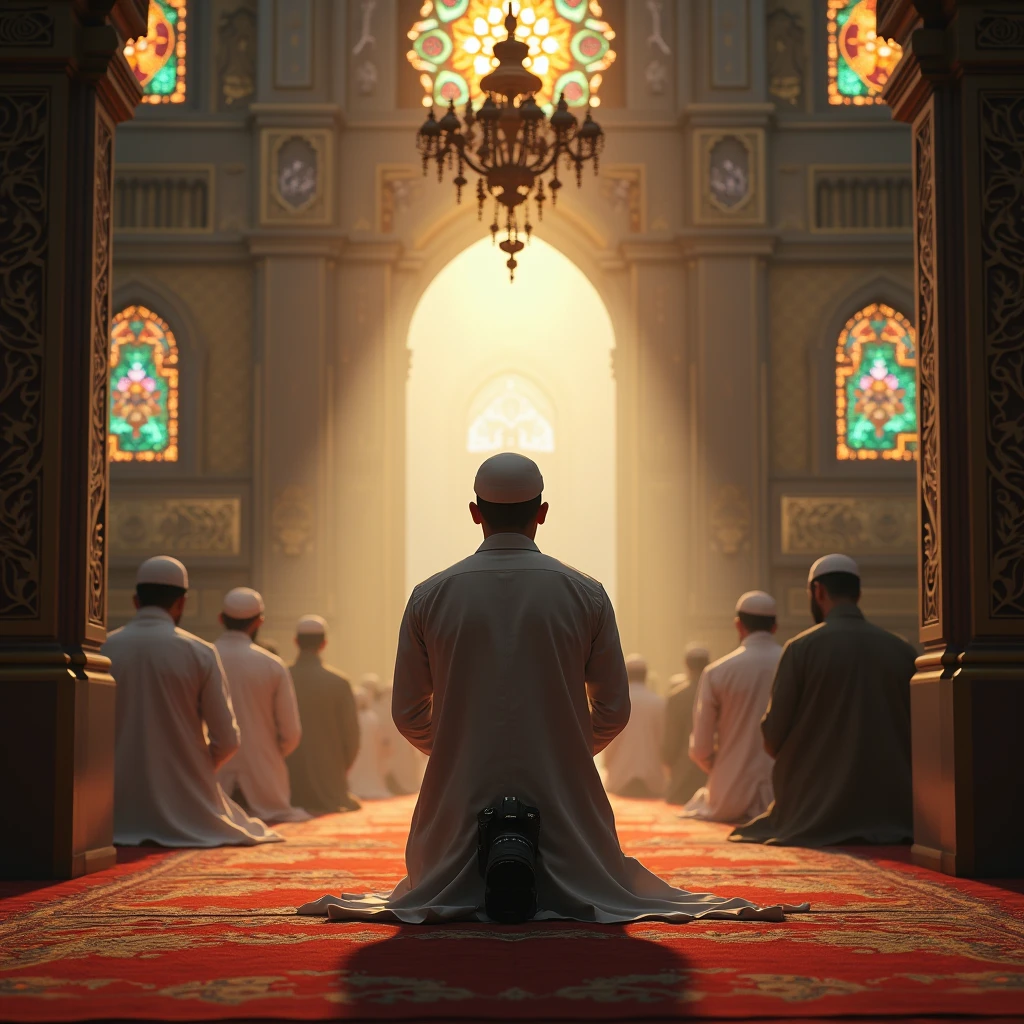 "A high-resolution, lifelike image of a young bald man with a masculine build, wearing a taqiyah, performing a prayer to Allah in the interior of a mosque in America with many people