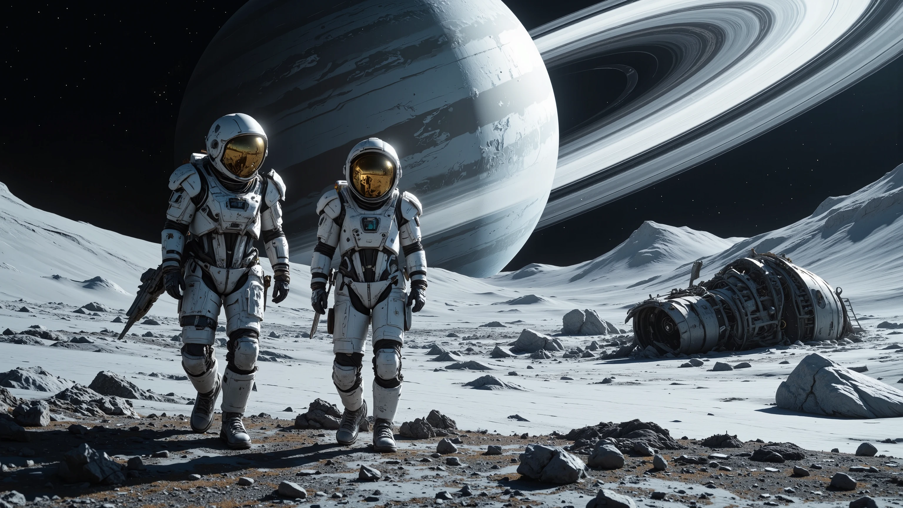 Dramatic, authentic sci-fi,
Ultra-realistic depictions,
Scientifically accurate,
In the 33rd century, two people choose to travel around the solar system for their graduation trip,
1girl, 1boy,
From the ground of a gas planet's moon,
they are fascinated by the super-giant gas planet and the countless ice blocks that form the rings that spread out above them,
The surface of the gas planet takes up more than half of the screen,
The giant gas planet seems to hang over them,
The two are wearing futuristic space suits,
The face covers of their compact helmets shine gold,
There is the remains of a huge alien spaceship that crashed,