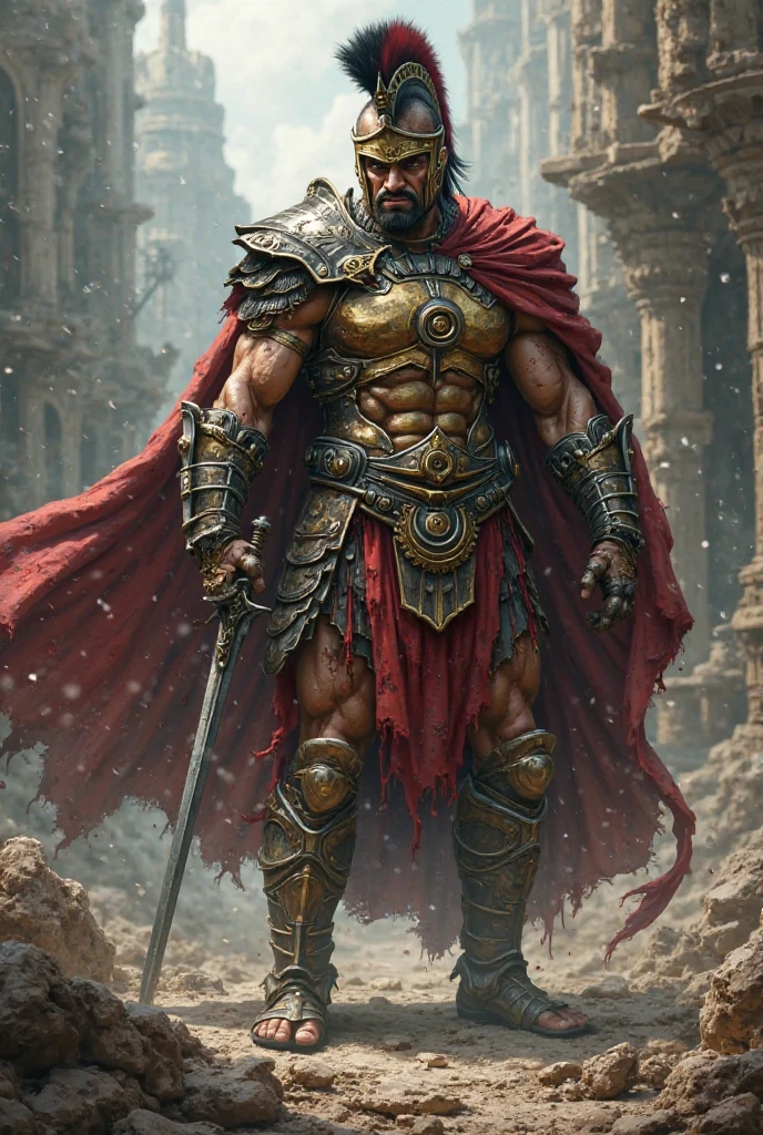 Muscular African man with golden crown red king cape double axe in hand standing full length with brick tower behind