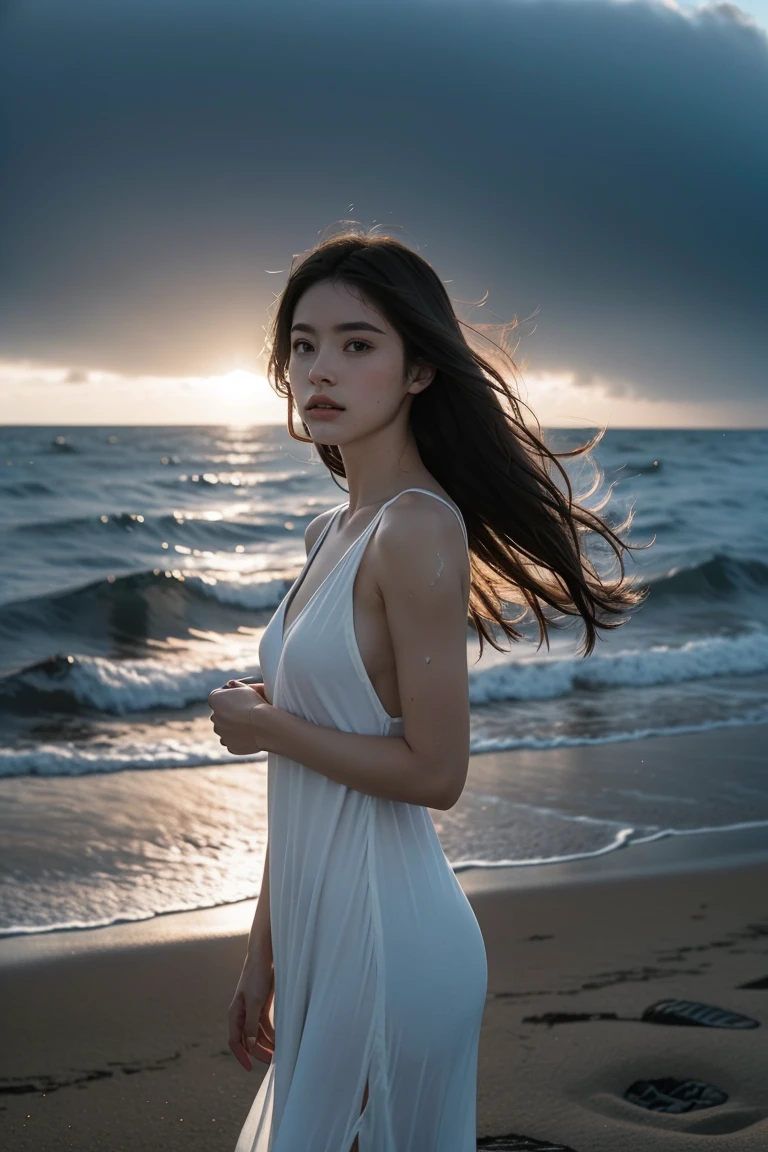 A woman in a white dress standing by the sea, with her hands outstretched, welcoming the sea breeze, sunset, romantic, full shot body photo of the most beautiful artwork in the world featuring a woman in a white dress standing by the sea, sunset, beach, waves, romantic, sexy, elegant, nostalgia, majestic oil painting by Ed Blinkey, Atey Ghailan, Studio Ghibli, by Jeremy Mann, Greg Manchess, Antonio Moro, trending on ArtStation, trending on CGSociety, Intricate, High Detail, Sharp focus, dramatic, photorealistic painting art by midjourney and greg rutkowski.