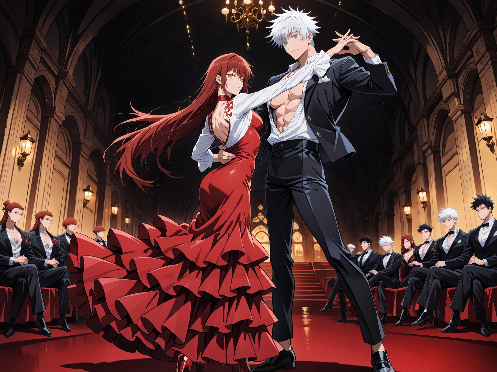 1 man, male focus, Gojo Satoru, Jujutsu Kaisen, white hair, short hair, blue eyes, colored eyelashes, sexy man, handsome, muscular, trained body, black suit, white shirt, open shirt jacket, flamenco outfit BREAK 1 girl, Ryu Shana, golden eyes, red hair, very long hair, (medium breasts), very cute, elegant flamenco dancer, red flamenco dress, BREAKonly 2 people,  duo focus, couple, hetero, (size difference, height difference), romantic, dynamic, flamenco dancer, dancing together, dynamic dance pose BREAK masterpiece, best quality, very aesthetic, absurd, latest, cinematic, cinematic lighting, cinematic shadows, cinematic composition, anime coloring, anime screenshot of jujutsu kaisen