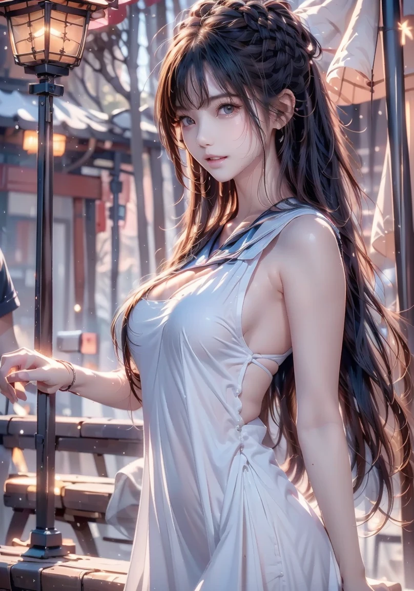 (a closeup:1.4)、(Raw photography:1.2)、(Photorealsitic:1.4)、(​masterpiece:1.3)、(top-quality:1.4)、(Beautiful woman with perfect body:1.4)、(perfect anatomia:1.2)、Beautiful girl college student、masutepiece、Light makeup、Red lips、Silvery hair、messy long hair、Street background、Beautiful、elegent、Ultra-fine details、Master works、Real texture、cinematic lighting realism、Perfect job、in 8K、Exquisite facial features、White tight open cut top、Transparent white tight shorts、slim figure、Bright Big Eyes、耳环、a necklace、