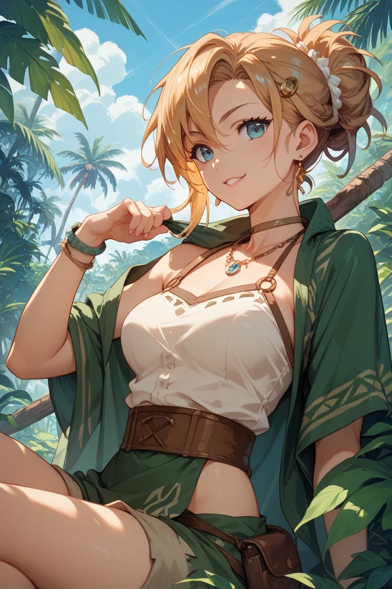 sfw,Girl with blonde hair and freckles,Girl swiming In The forest's river,1girl in,Blonde hair,Side tail,offcial art,Unity 8k,ultra-detailliert,Beautiful and aesthetic,masutepiece,top-quality,dynamic ungle,cowboyshot,Timost Beautiful Chaos Formo,Elegant,Abralist Design,vivd colour,romanticism,watercolor paiting, bra,((underwear))