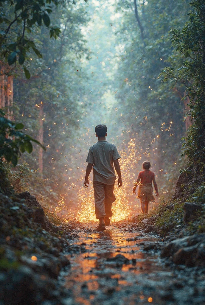 Two 20-year-old Cambodian boys carrying fire walk through the forest during the day View from above 8k  