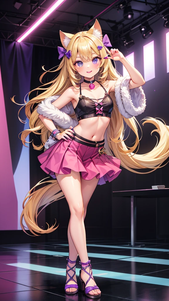 masterpiece, top quality, high resolution, latina, neon-infused, top cropped, skirt, beautiful woman, headshot, front view:1.2,long wavy hair, glossy, bangs, side sweep, seductive eyes, almond-shaped, bright, reflecting neon lights, slim waist