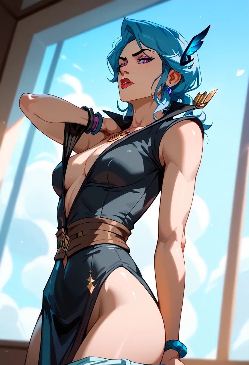 (masutepiece:1.2, Best Quality, Photo Real Stick), 1girl in, Ladi_Shamar \(FFXIV\), (Cool Beauty), a pixie cut, Blue hair, ((Cat ears, Cat tail:1.2, (realtail))), ((Lack of human ears:1.2, Ears without pins:1.2)), Bright cyan eyes, middlebreasts, ((Crimson tattoo on the upper back)), ((see-through camisole:1.4, no bra, see-through short-gym-pants, no panties)), ((1 shot of training in the park)), Miles lightly without opening your mouth, Fantasy background,
