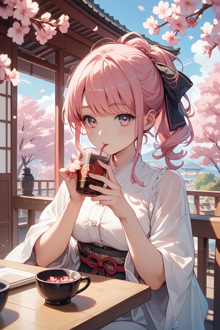 funkpop looking adorable. Drinking milk. Japanese street style. Love hearts, cherry blossoms. Holding a cup of milk. White milk splashes. Large breasts. Puzzle pieces and heart motifs