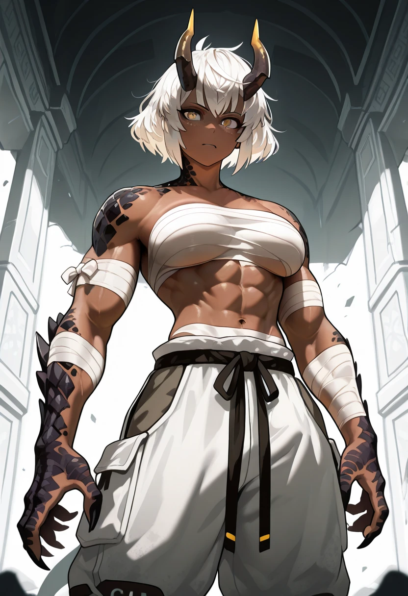 Very long hair, ponytail, Perfect Anatomy, Pirotess, 1girl, elf, long hair, white hair, circlet, yellow eyes, dark skin, 1990s (style), Slim Thick ((Muscular)) High Elf Tone Body, Gold crown, Slim Abs, Cameltoe, Hourglass Waist, Detailed face, Pronounced cheekbones, Swollen lips, Hands on hips, Glare, Hall々Behave with dignity, From above, ultra high quality, high resolution, masterpiece, exquisite, absurdes, Beautiful and detailed face, Beautiful and detailed eyes, Beautiful and detailed glossy brown skin, cinematic lighting, clair obscur, deep shadows, backlighting, deep focus, (clear lines:1.3), sharp focus,