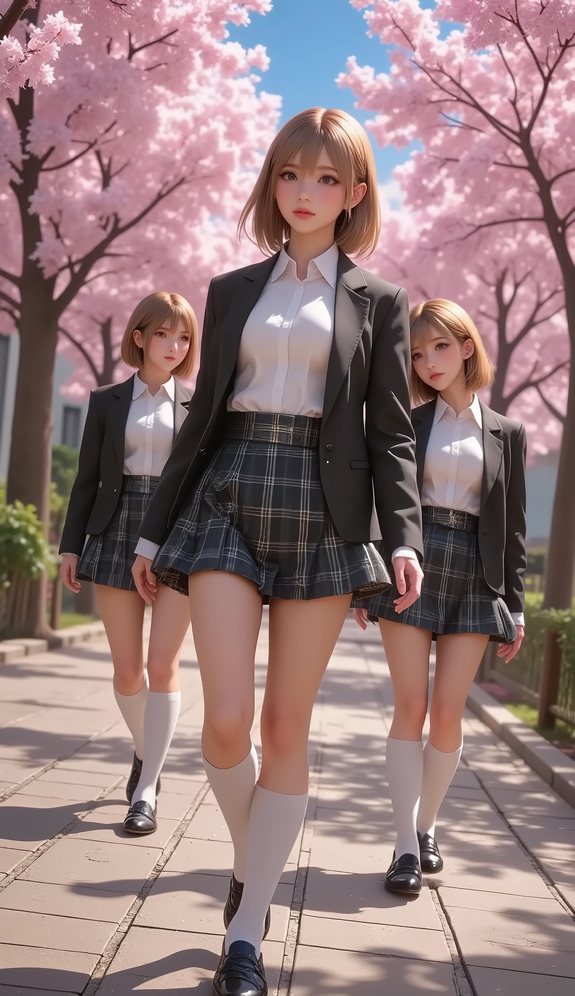 (Top Quality、masterpiece、winning work、16k), 、((a group of cute slim body girls on guraduation ceremony: 1.9))、school uniforms、blazers、white shirt、in a tartan check skirt、knee-high socks、 leather loafers、((big breasts:1.2), (Big Breasts:1.2), (raised and crisp bust:1.2), (lifts the chest:1.2), (Perky breasts , nipples:1.2), , ( double breasted,Underbust:1.2), button gap with, walks under a row of cherry blossom trees、Graduation Ceremony、Celebration 、Sakura Fubuki