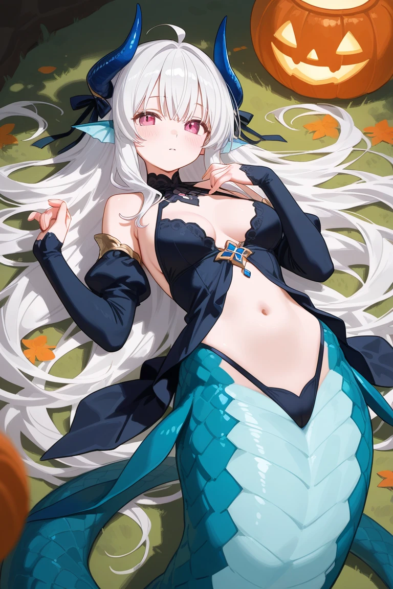 Lamia, long tail lamia, Best quality, 8k, 32k, Masterpiece, high resolution, unity 8k wallpaper, illustration, anime style, perfect lighting, extremely detailed CG, 1girl, solo, marie antoinette, long hair, white hair, twintails, frills, jewelry, necklace, gloves, belt, black gloves, bra, belly, dress, looking at viewer, indoors, standing, throne, evilness,