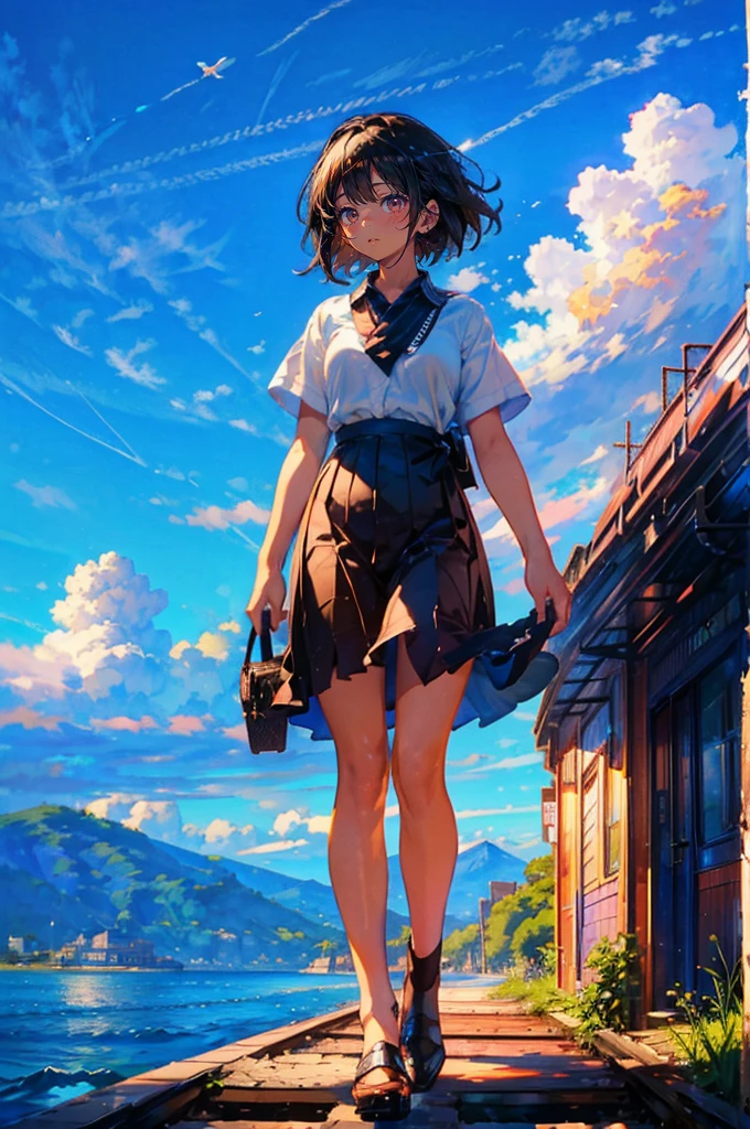 (high quality, High resolution, Very detailed, reality:1.37), Peaceful atmosphere, (Outdoor, garden), Teenage girl standing alone, (my breasts are big.), Beautiful details, Cute Smile, (Black bob hair), camisole, Denim skirt, Black tights, sneakers.