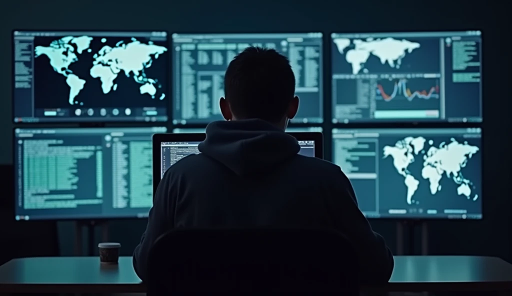 Un hacker de face vu de près, ses yeux fixés sur l'écran de son ordinateur portable, entouré d'un mur d'écrans illustrant des analyses de données OSINT, des surveillances géographiques, et des flux vidéo. L'esthétique est un mélange de minimalisme et de professionnalisme, avec des nuances sombres et des accents lumineux.