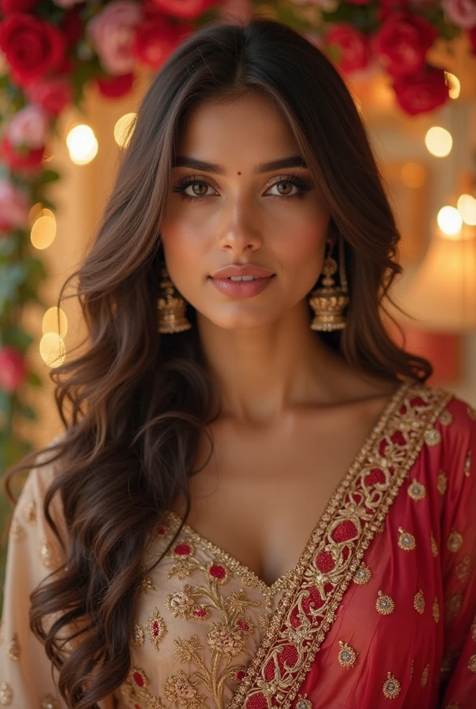 Indian fair skin busty woman 18 year old heavy breasts with nice face and (Actractive eyes), The sunlight waves of her golden hair frame her captivating ocean-blue eyes, while bold, the UHD resolution captures the vibrant details of this 4K retro masterpiece, (long hairstyle), (red lipstick), (smiling face), (red hair), dressed in a red saree. Her light black hair is styled in loose waves, framing her face perfectly. (1 girl), HDR, realistic, photorealistic, detailed, protrait, smiling, makeup, jewelry, Indian dress up, (salwar kompoz)