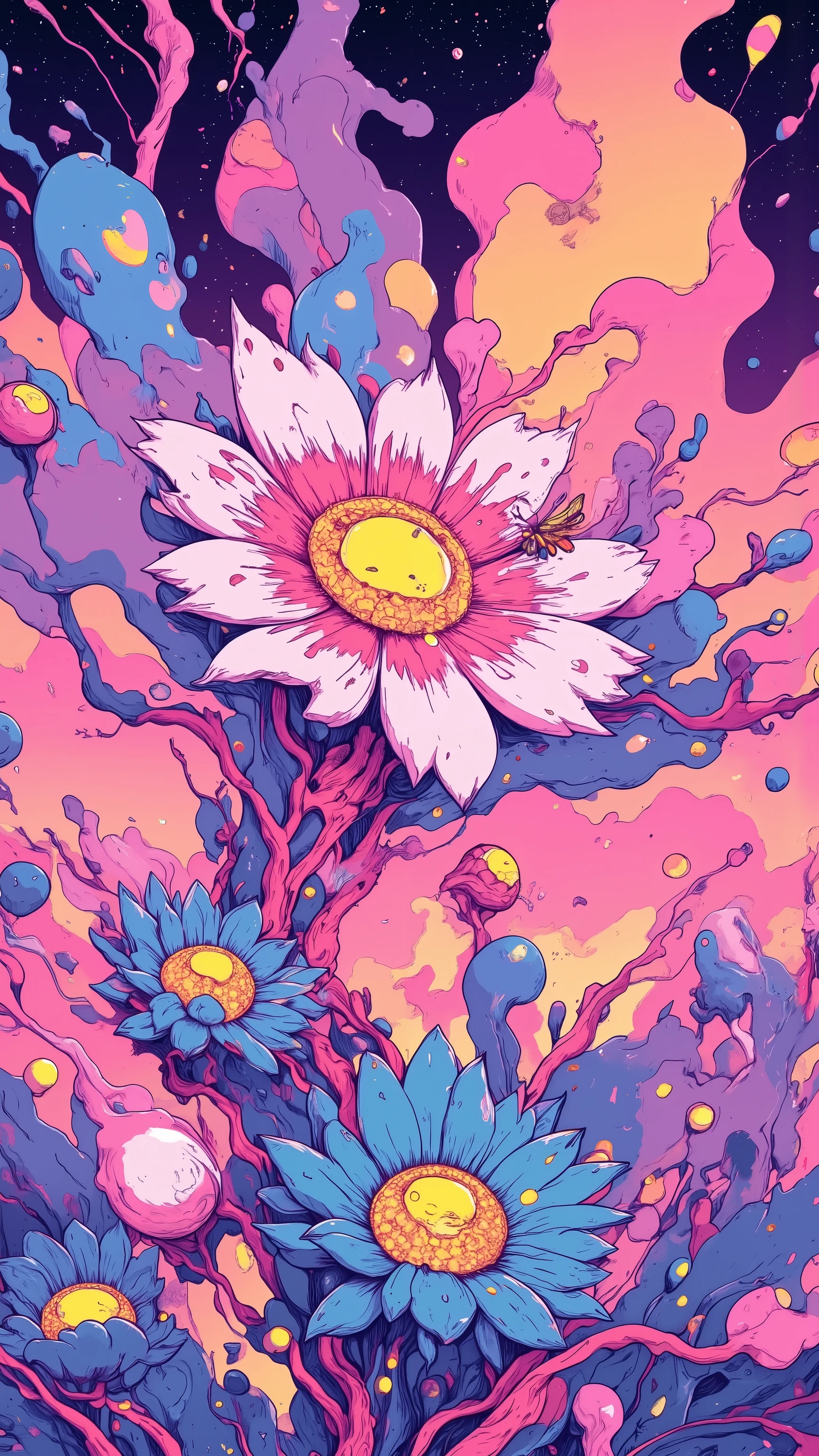 Cover,unreal colors in the sky with purple and pink gradients,Create a dreamy atmosphere,Petals are condensed from liquid rainbows,will flow to neighboring flowers when touched and reshaped,firefly figures sleeping in flower pistils