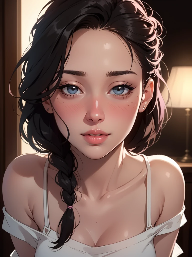 Amazing close-up portrait of a seductive and alluring woman with a beautiful face, long black hair secretly hidden in a cramped closet, where the viewer gets a sense of danger and mystery, illuminated by a teasing strip of light, seeping through a narrow gap..