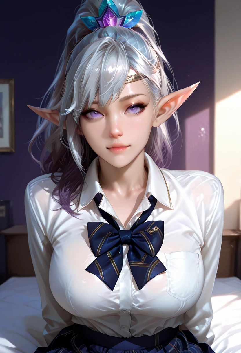(best quality,4k,8k,highres,masterpiece:1.2), ultra-detailed, (realistic,photorealistic,photo-realistic:1.37), HDR, UHD, studio lighting, ultra-fine painting, sharp focus, physically-based rendering, extreme detail description, professional, vivid colors, bokeh, portraits, photography, (best quality,masterpiece:1.3), (mature woman, milf), tall, anime, masterpiece, beautiful eyes, best quality, detailed face, 1girl, solo, beautiful, elf_ears, silver_hair, white_hair, purple_eyes, smiling, blushing, straining against shirt, Office Lady, Tight Pencil Skirt, (Plaid Vest), Company, Office Room, Work, Black Stockings, extremely tight clothes, pregnant, bellyheavy, hyperpreg, hyper pregnancy, hyper belly, ready to pop, outie navel, huge belly, short_hair, bloated belly, stuffed belly, black tights, plump, simple black headband, sciamano240, soft shading, detailed, semi-realistic,
