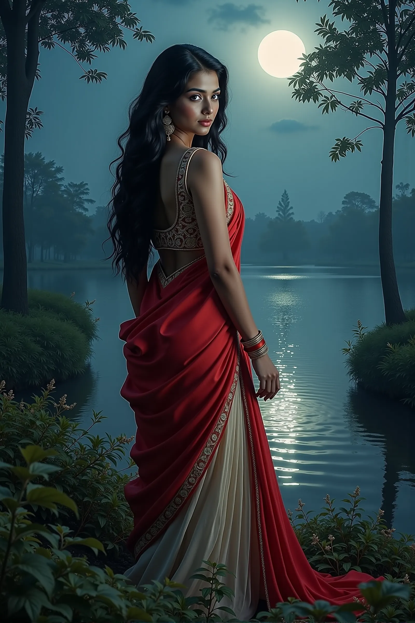 Indian woman enjoying moonlight