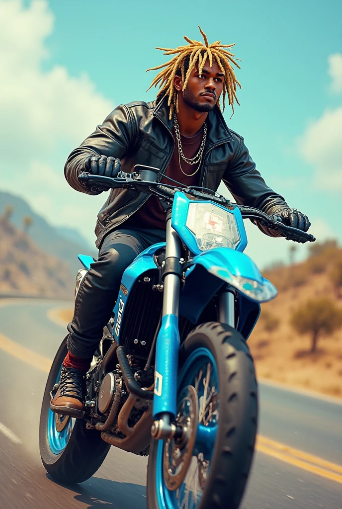 An 18-year-old boy bodybuilder, embodying the perfect fusion of Joey Lawrence and Cody Calafiore with long hair, exuding an aura of strength and confidence. Enhanced with HDR technology, this image depicts a true masterpiece, 4K resolution, outdoor lighting, motocross, perfect muscle structure, roost protector