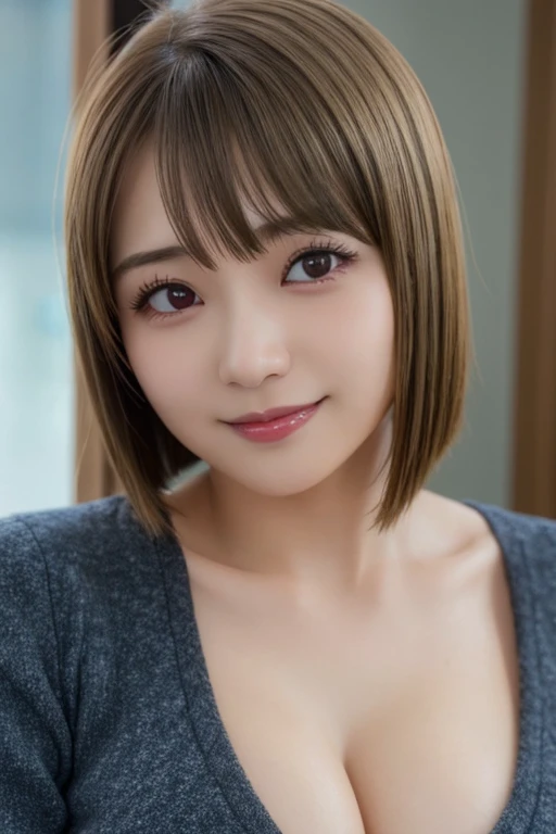 (Photorealistic, masutepiece, Best Quality, Raw photo, selfee:1.3)、1girl in, Solo, Long hair, Brown hair, Detailed face, alluring face, Detailed beautiful eyes,(Sheer Sweater that kills virgins,sleeveless,cleavage cutout :1.2), (coverd nipples:0.9),medium breasts,sideboob, Dynamic Pose, (Looking at Viewer, front view,eyes focus:1.2), Detailed background, fine detailed, intricate detailes, Ray tracing, depth of fields, seductive smile