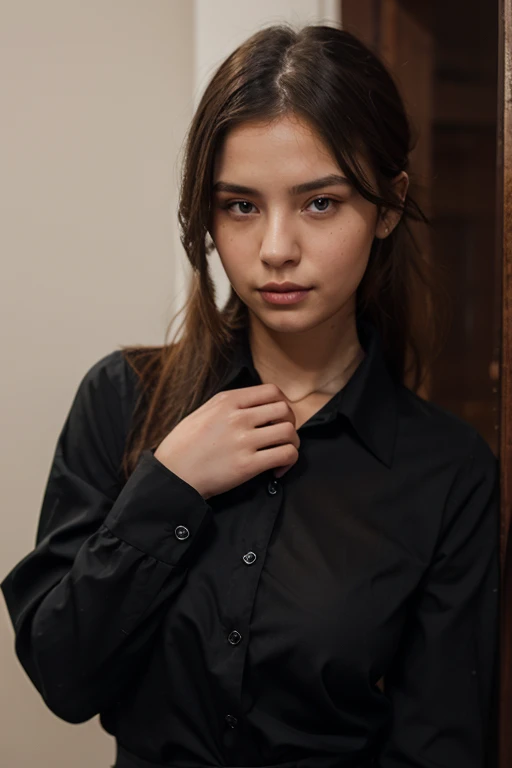 best quality, ultra haute résolution, (photorealistic:1.4), 1fille, buttoned shirt, jupe noire, school, dark brown hair, Seins, (Cheveux blond:1.2), regarder le spectateur, (Very detailed face:1.1),, (pureerosface_v1:0.8),TIC Tac,