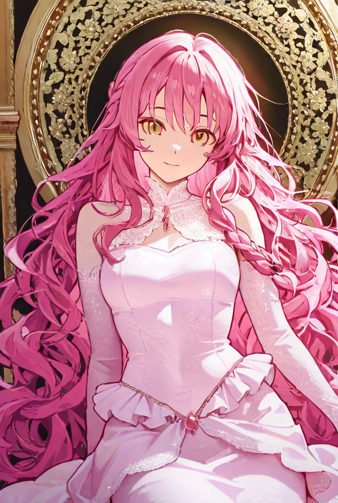 30 years old girl, deep pink hair on the top, purple at the bottom, long hair, wavy hair, pink eyebrows, green eyes, wearing gold earrings, wearing a wedding dress