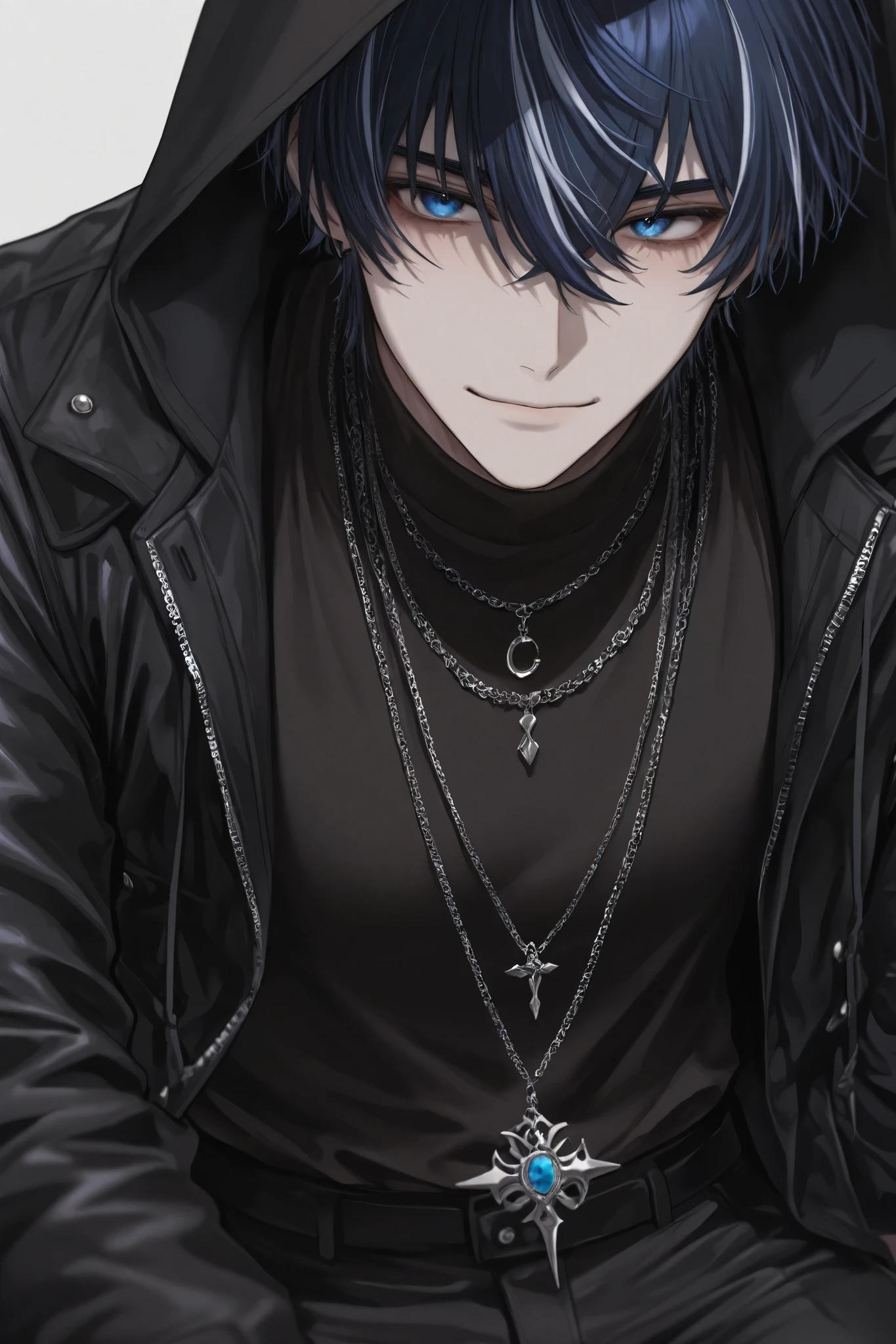 (masterpiece), (highest quality), (very detailed), (the best shape), (best shadows), (absurd), (so beautiful), beautiful eyes in every detail, unusual, 8k, 32K, high resolution, very detailed e CG, score_9, score_8_high, score_7_high, Those_anime_series, cinematic, 1boy, solo, male focus, (streaked hair:1.5), dark blue hair, blue hair, short hair, blue eyes, cool large shirt, black shirt, necklaces, muscular, sexy man, handsome, solo, 
 mature, handsome, sexy man, sensual, pale skin, lean, muscular, cool, high fashion, hoodie with a black jacket, black pants,  smiling, white background