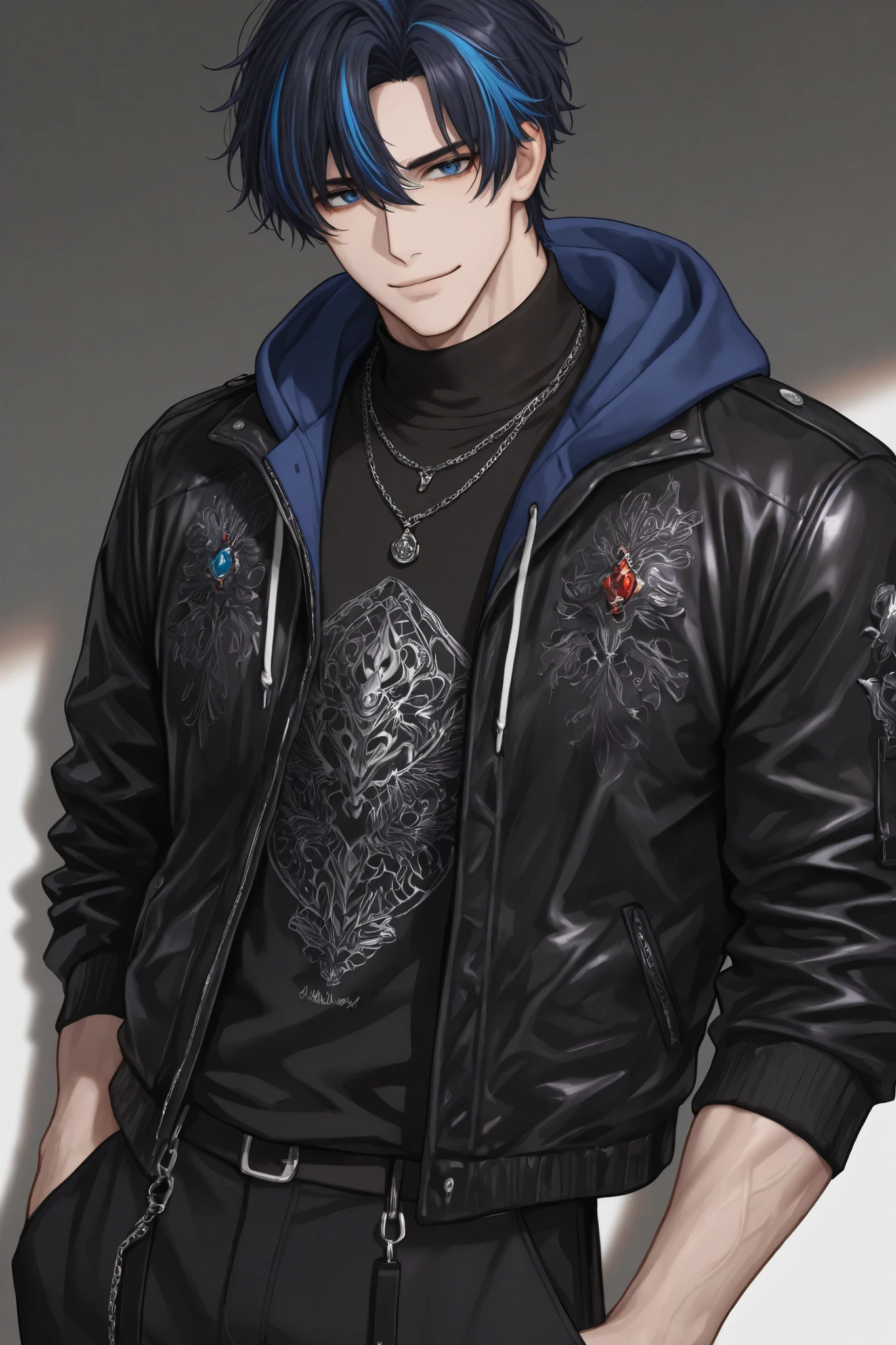 (masterpiece), (highest quality), (very detailed), (the best shape), (best shadows), (absurd), (so beautiful), beautiful eyes in every detail, unusual, 8k, 32K, high resolution, very detailed e CG, score_9, score_8_high, score_7_high, Those_anime_series, cinematic, 1boy, solo, male focus, (streaked hair:1.5), dark blue hair, blue hair, short hair, blue eyes, cool large shirt, black shirt, necklaces, muscular, sexy man, handsome, solo,
mature, handsome, sexy man, sensual, pale skin, lean, muscular, cool, high fashion, hoodie with a black jacket, black pants, smiling, white background