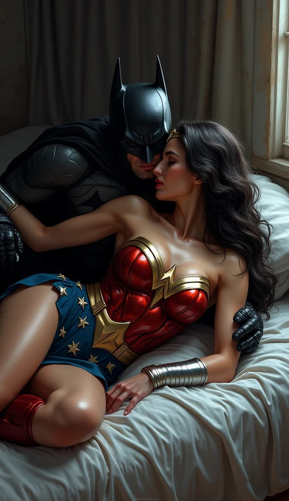A toned athlete, muscular, blue eyes, black hair Wonder Woman in Wonder Woman’s tiara, red and gold bustier, blue leotard with white stars, ((silver wrist bracelets:1.2)), ((Red knee high boots:1.2)), golden belt with athletic and muscular body with tattered costumes lying on hospital bed with Batman watching over her