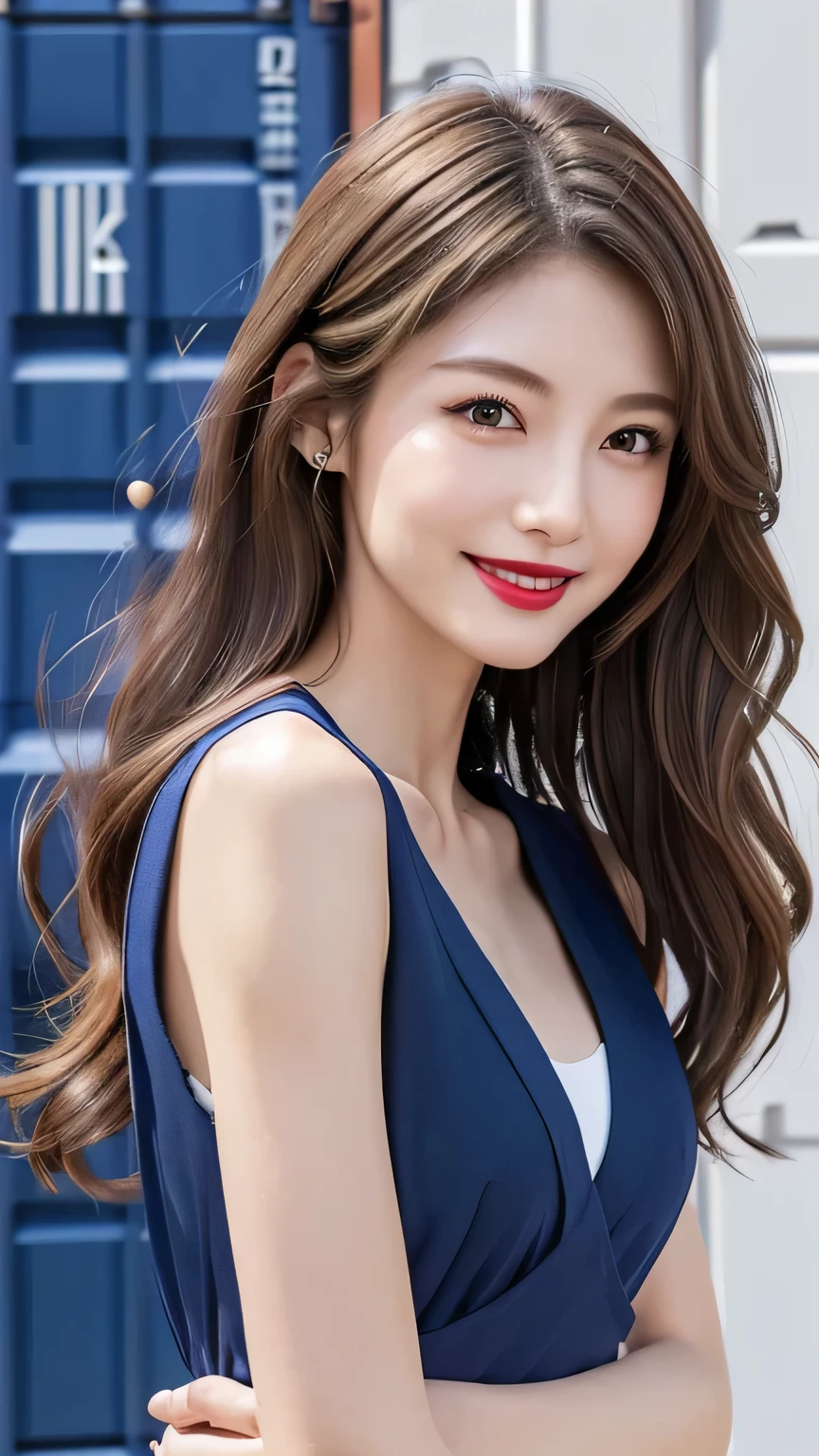 very detailed, masterpiece , best quality , (( photorealistic:1.4)), ((skinny body:1.4))、(((Girls' High School Navy Blue Uniform)))、30 year old Japanese fashion model , detailed face 、((makeup、lipstick)) 、(( crunchy flat chest))、((light brown hair 、tousled wave long hair:1.3、 asymmetry)), graceful and sophisticated 、((from waist to head with camera))、((fresh smile))、((Professional Cool Lighting))、((container storage:1.2))、from the side