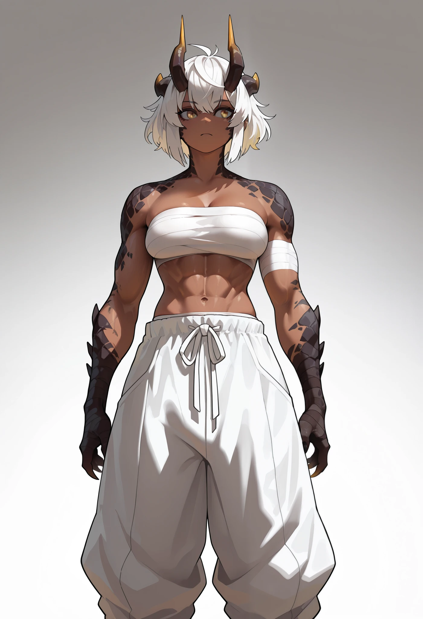 muscular creature, dark horns, yellow eyes, short spiky white hair, short hair, (Bandaged breasts wearing baggy pants:1.3), wrapping her hair, pants, humanoid arms with sharp claws and scales, gradient scales from gray to white, scales on arms and legs, calm pose, athletic, dark skin tone, dynamic view BREAK background is simple and muted, with a gradient effect and soft, neutral tones.