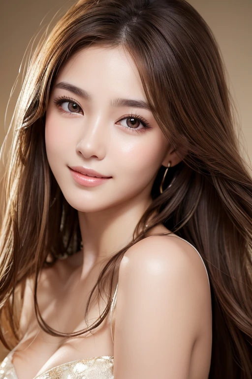 Best quality, realistically, ultra - detailed, Detailed pubic hair, A high resolution, solid color backdrop，8k wallpaper, 1 Beautiful woman,,light brown messy hair,  lock focus, Perfect dynamic composition, beautidful eyes, Delicate hair, Detailed realistically skin texture, Smiling, closeup portrait, Model body type