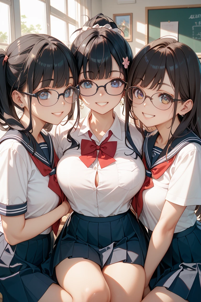 three sexy women in office outfits, flirtatious smiles, on bed, closed eyes, opened mouths moaning, close up faces portrait, curly white and red hair, glasses