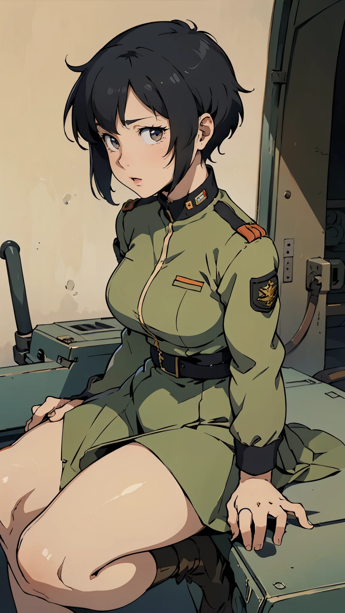 girl、Earth Federation Operator Girl Soldier、Black short hair、Idol-level cuteness、ish face and appearance、Operator intercom mounted on head、Accurately drawn faces、thin、Healthy knee-length skirt-style Earth Federation Army uniform、Knee-length、Inside the bridge of a battleship、Low angle shot、Anatomically correct、Accurate Fingers、Accurate Rimbuster Piece、Photorealization