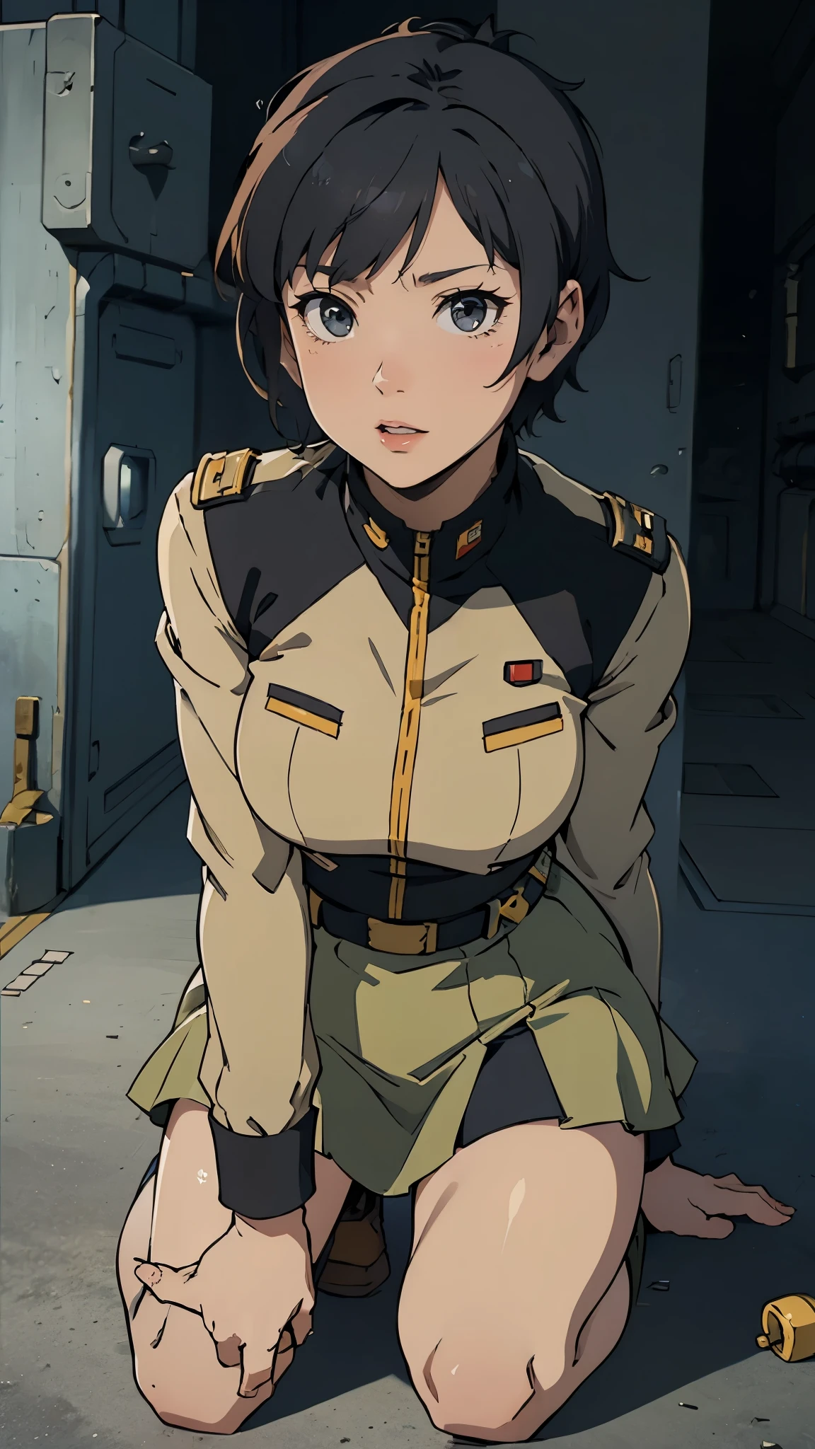  girl、Earth Federation Operator Girl Soldier、Black short hair、Idol-level cuteness、ish face and appearance、Operator intercom mounted on head、Accurately drawn faces、thin、Healthy knee-length skirt-style Earth Federation Army uniform、Knee-length、Inside the bridge of a battleship、Low angle shot、Anatomically correct、Accurate Fingers、Accurate Rimbuster Piece、Photorealization