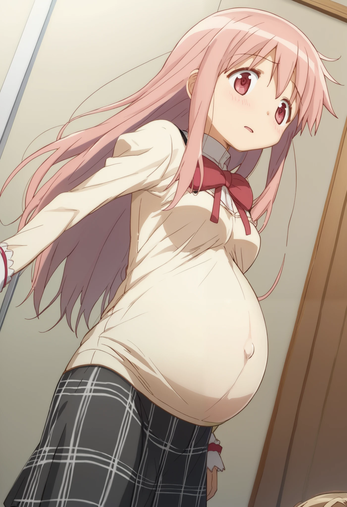 A naked girl exposed in the street、laughing、Blushing、Tears in his eyes、Clit piercing、Clit piercingがついている、Clit piercingに太いチェーンが繋がっている、Are pregnant、Knees up and legs apart、Crouching with legs apart、Nipples、Pussy、Being tied up with hands behind back、Pink Hair