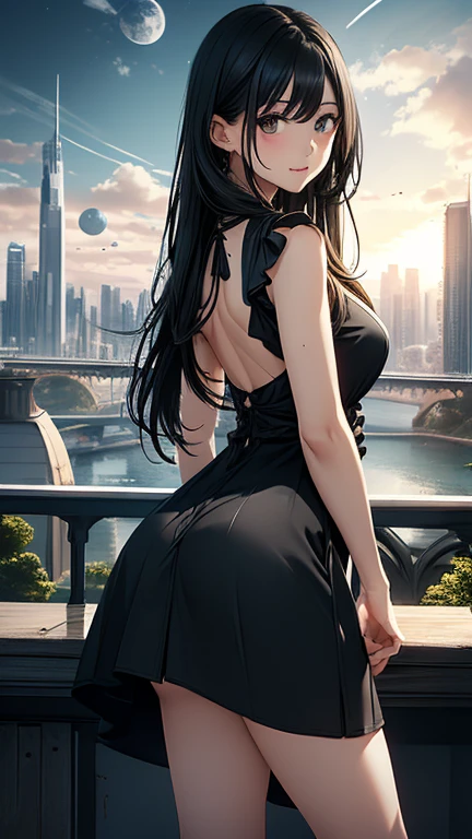 masterpiece, Superior Quality, Very detailed, 8k rendering by CG Unity, A woman looking straight at the observer, Summer Course, Seductive and happy look, In the heart of Paris, smile, Long black hair and cowboy style.