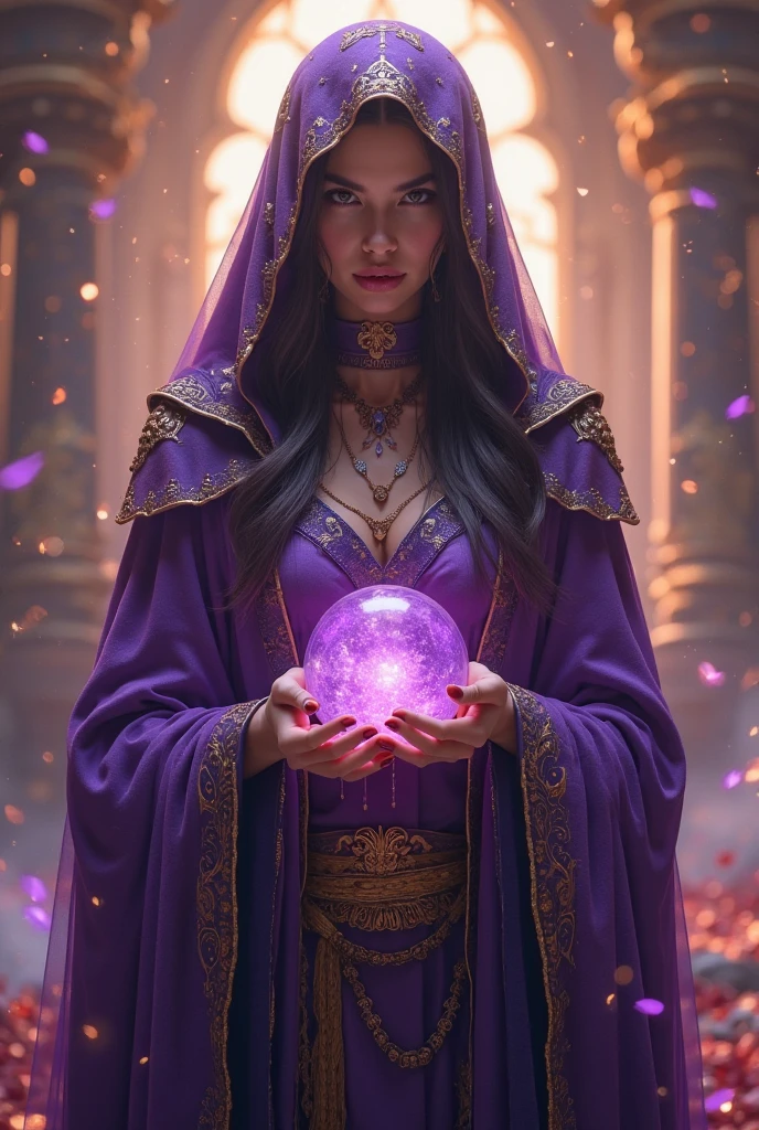 a powerful female mage,detailed face and expression,beautiful detailed eyes,beautiful detailed lips,extremely detailed intricate robes,ornate staff,magical energy,impressive spell casting,dramatic lighting,cinematic composition,vibrant colors,fantasy art style,digital painting