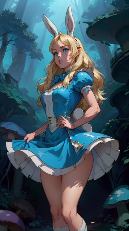 A dark gothic Alice in Wonderland, a beautiful 20 year old blonde woman with big messy hair in a tattered sheer black dress, white stripe stockings, black headband, cleavage, holding a glowing mushroom, sitting on a giant mushroom, dark fantasy art style, cartoon vibrant, detailed digital art, glossy digital painting.