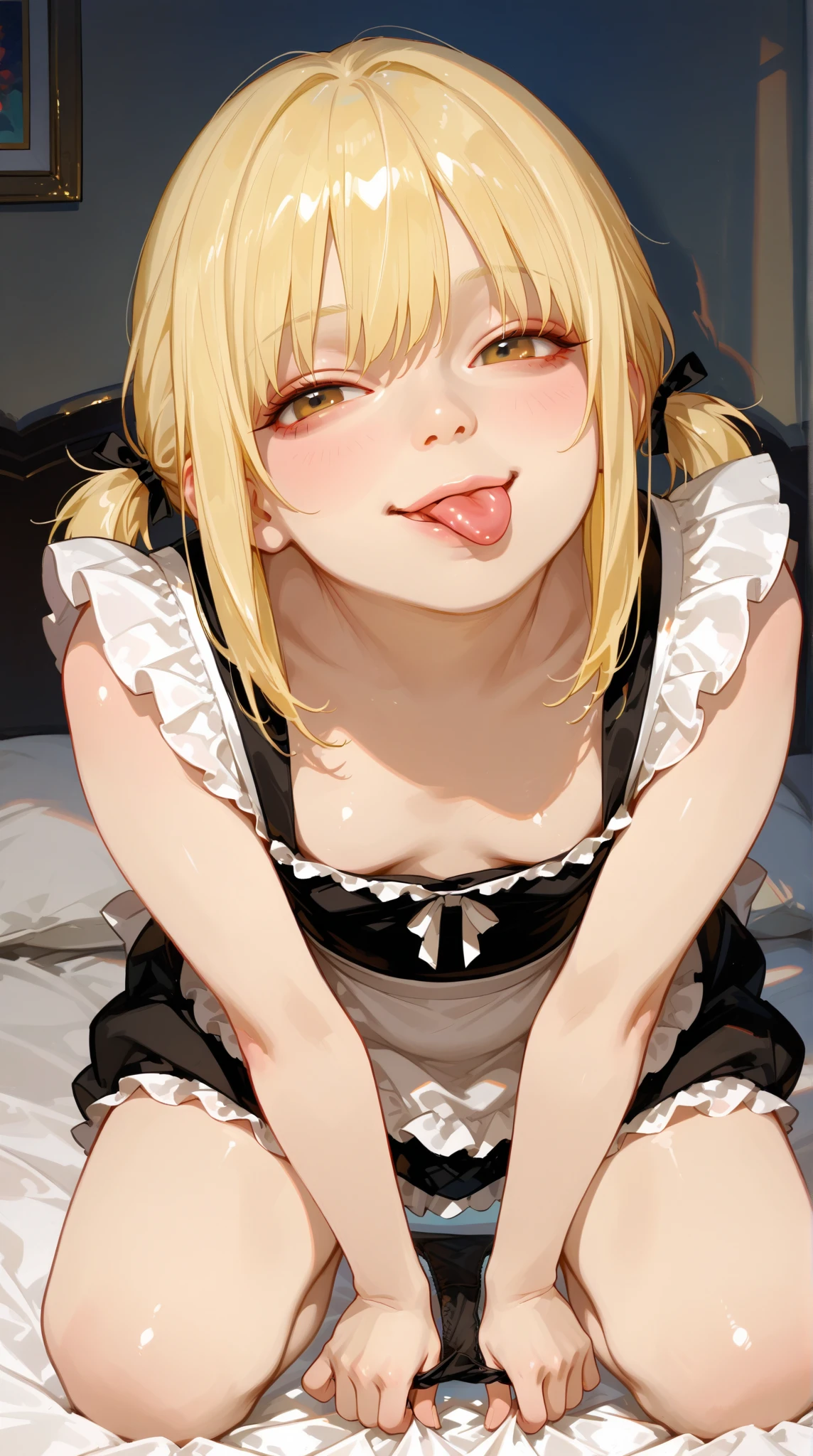 nsfw,(Petite),(Crossdresser),(((penis)))blonde low twintails,lips,Sweat,White Breath,(Anal Sex),bed,Highest quality,Normal position,Viewers from above