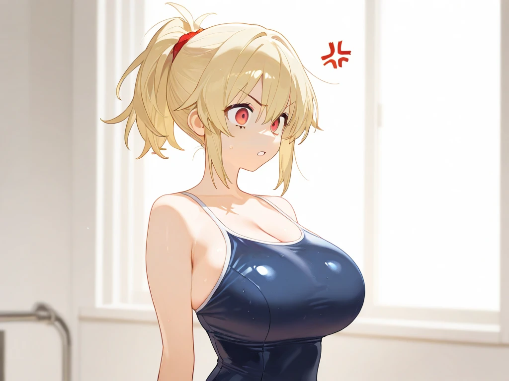 Yellow hair color,short hair,light brown eyes,chubbily ,huge breasts,whipped thighs,cat mouth,smile,Open mouth,open eye,double tooth,Taken from the viewpoint above, looking at viewer,upturned eyes,street Background,SFW,perfect,high quality,faultless,