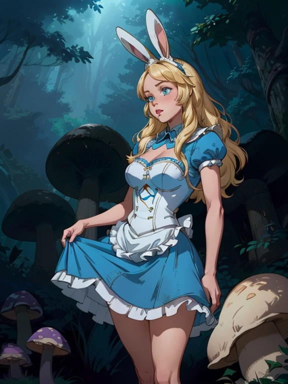 (La Best Quality,A high resolution,Ultra - detailed,actual),Alice Wonderland, short blue dress, white thigh stockings, long yellow hair, ,(Cyberpunk dark forest ruined dungeon ruins background :1.4 ), 8K more detailed.unreal engine:1.4,HD,La Best Quality:1.4, photorealistic:1.4, skin texture:1.4, masterpiece:1.8,first work, Best Quality,object object], (detailed facial features:1.3),(The correct proportions),  (cowboy pose),( Alice Wonderland:1.4), (Alice Wonderland V2.1), (perfect ??????? :1.4),( not mutations), (Alicia Liddell Disney:1.4), (dynamic cowboy pose), (detailed face :1.4), (showing panties), (cinematic lighting :1.4), score_9, score_8_above, score_7_above, score_6_above, classification_explicit, 1 girl, ((18 years:1.2)), adult, full lips, big light eyes, blue eyes, ((by rubio:1)), (long wavy hair: 1.2),( white rabbit ears:1.4 ), (forest background big trees and giant neon mushrooms :1.4), (skirt lifted by itself: 1.1), (skirt lift: 1.3), (showing white panties: 1.3), (detailed eyes beautiful :1.4) 