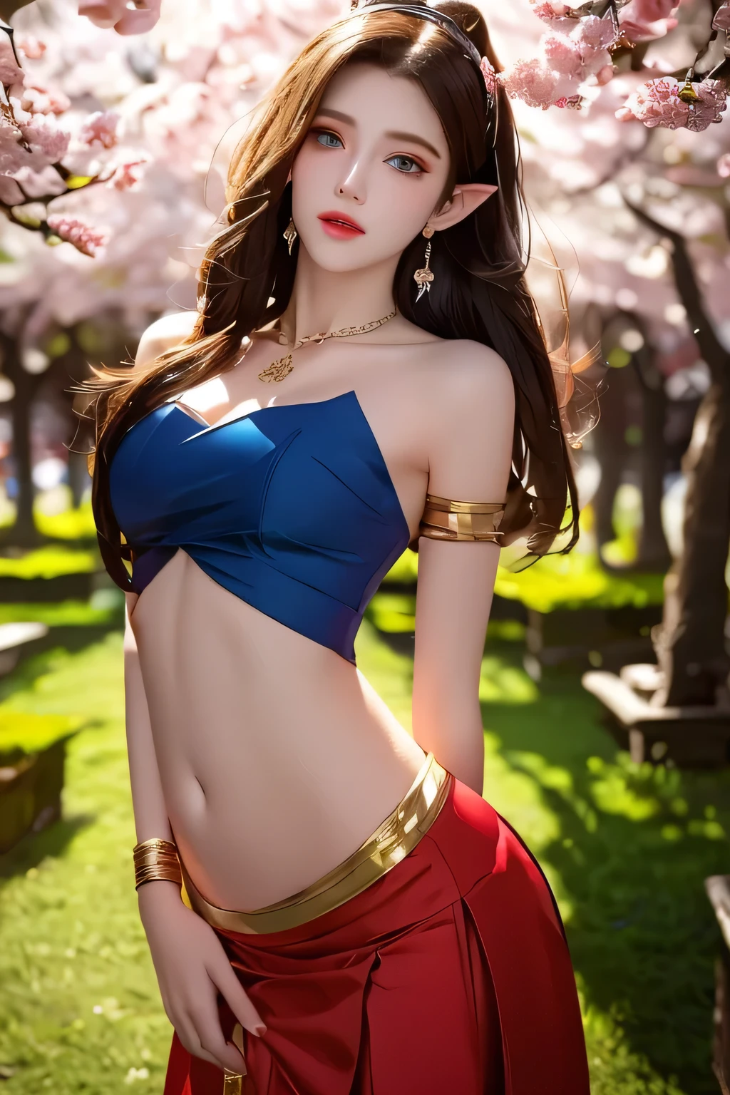 One 20 year old girl, breast 1.1, navel,upper body,bare shoulders,wears red tube top,red skirt, blue gems,shiny skin,hand in own hair,(mature female),milf,cai lin, deep blue eyes, jet black long hair, 8k resolution high quality,background: around the garden surrounded by Sakura trees with fluttering sakura petals, from head to thighs, hourglass figure, bare round shoulders, exposed midriff, a tilak on her forehead,ornamental logo on her forehead, snake crown, necklace, earings with blue gem, long black hair bangs, pointy ears,golden bracelet,Bright lightening under the sun through sakura canopy. High quality 16k resolution,( HDR :1.5), cinematic look, ultra-detailed,ultra lightening, (photorealistic :1.2), long thin straight eyelashes, dense black eyelashes,sharp eyes, diamond shaped head, straight nose, closed heart shaped lips, front view pose looking at viewer, cleavage, sexy