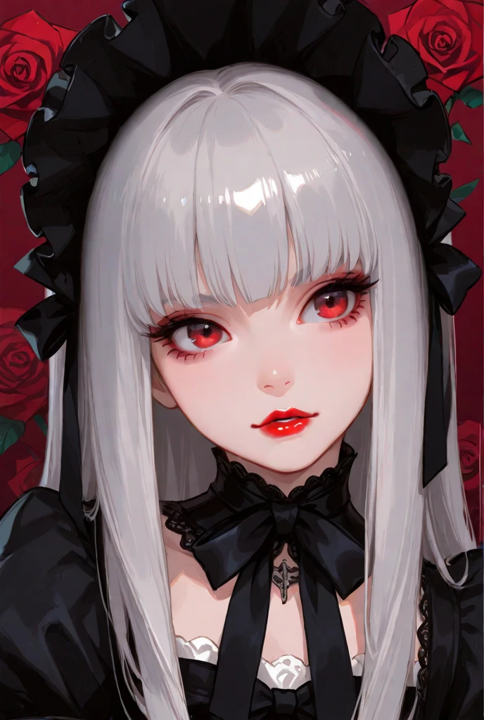 Beautiful young white-haired girl with piercing red eyes, half smile with full lips, black nails, barbed wires everywhere Rose (coiled black barbed wires) Dark red Rose, Rose's, sitting on the throne, black Rose's crown