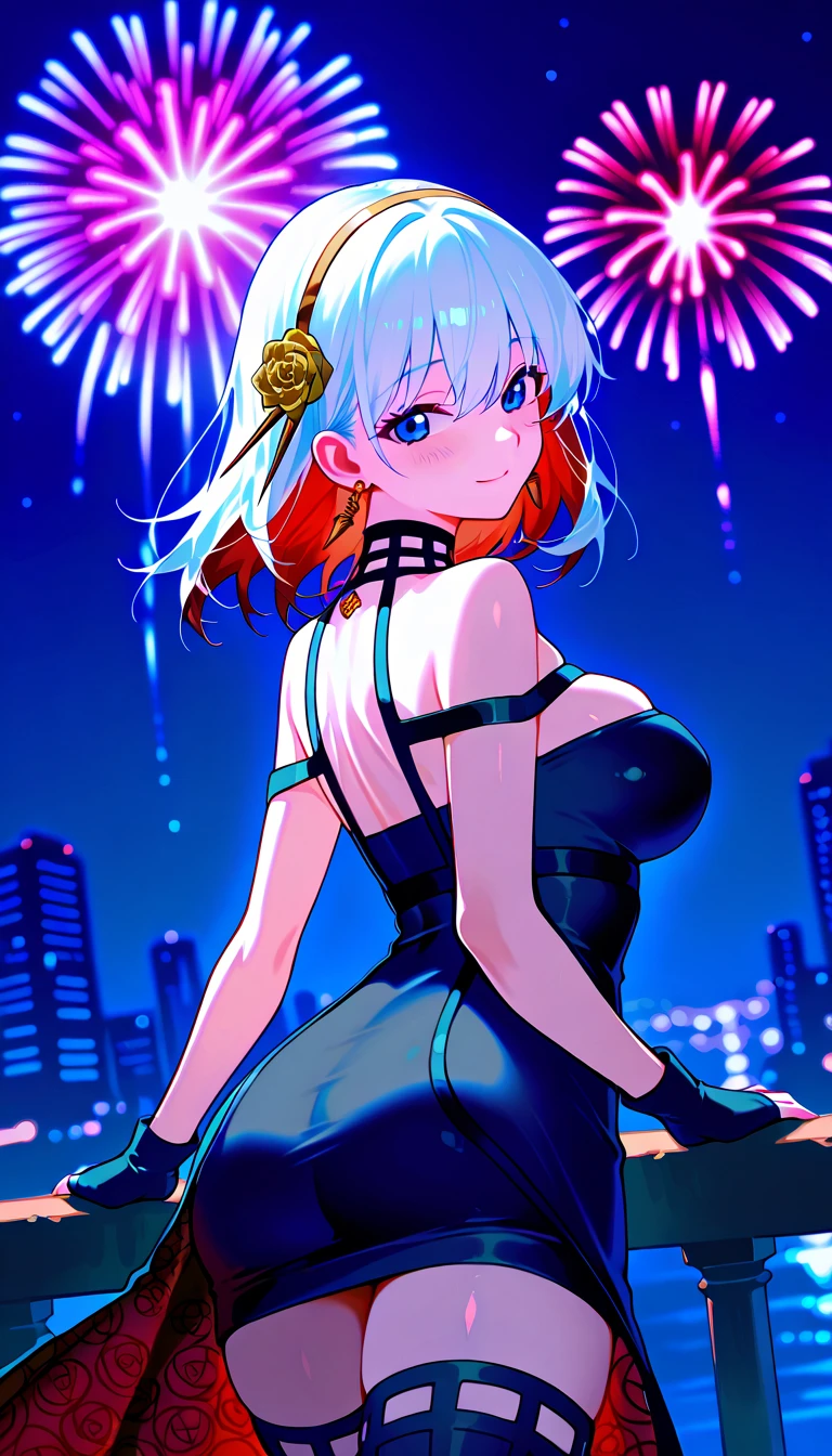 gran calidad ++ Extremely detailed high resolusionolution, very aesthetic, ojos expresivos, (((Cara perfecta))), (((face symmetrical))), ((good anatomy)), (((manos perfectas))), (((8k))), UHD, Fondo de pantalla HD, (((alta calidra detallada, (((((1girl)))))), solamente, Obra maestra, La mejor calidad, high resolusion, Altamente detallado, (illustration), hermosos ojos detallados, (((combatant))), (((natsuru senou))), ((((smile)))), (((blue hair))), (((blue eyes))), (((spiked hair))), (((ponytail))), (((anime))), (((short hair))), (((mature female))), (((gigantic breasts))), labios brillantes, They are smiling, (((New york city))), (((new york new year))), (((new year))), (((New year 2024))), (((fireworks))), (((cuerpo completo))), Dedos detallados, Dedos precisos, Manos no antinaturales, strange eye, escote,